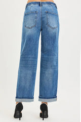 Hazel Blues® | RISEN Elastic Band Slouch Ankle Boyfriend Cuffed Hem Jeans