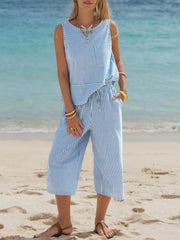 Hazel Blues® | Striped Sleeveless Top and Cropped Pants Set