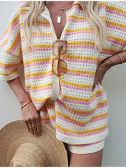 Hazel Blues® | Openwork Button Up Top and Shorts Set