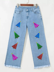 Hazel Blues® | Colorful Sequin Christmas Tree Patched Raw Hem Cropped Wide Leg Jeans