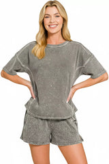 Hazel Blues® | Zenana Halo Snow Washed Short Sleeve Tee and Shorts Set