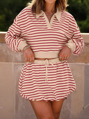 Hazel Blues® | tripe Cropped Collared Drop Shoulder Pullover and Bubble Mini Skirt Set