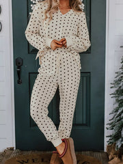 Hazel Blues® | Polka Dot Notched Long Sleeve Top and Drawstring Joggers Lounge Set