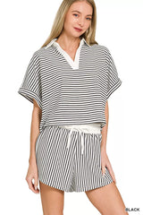 Hazel Blues® | Zenana Striped Collared Top & Shorts Set