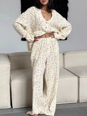 Hazel Blues® | Floral Print Button-Down Top and Pants Lounge Set