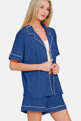 Hazel Blues® | Zenana Button Down Short Sleeve Top and Shorts Lounge Set