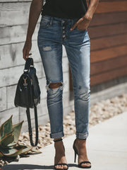 Hazel Blues® | Distressed Button-Fly Skinny Jeans