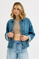 Hazel Blues® | RISEN Oversized Cargo Pocket Denim Jacket with Cuffed Sleeves