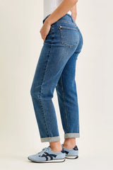 Hazel Blues® | Judy Blue Mid Rise Boyfriend Embroidered Repair Patch Jeans