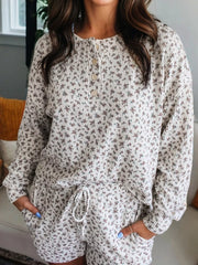 Hazel Blues® | Spiral Ribbed Floral Print Long Sleeve Henley Top Drawstring Short Set