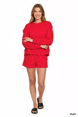 Hazel Blues® | Zenana Fleece Round Neck Sweatshirt and Shorts Set