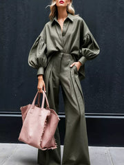 Hazel Blues® | Lantern Sleeve Shirt and Wide Leg Pants Set