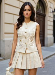 Hazel Blues® | Tweed Button-Front Vest and Pleated Skirt Set