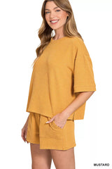 Hazel Blues® | Zenana Raised Rib Short Sleeve Tee and Drawstring Shorts Set