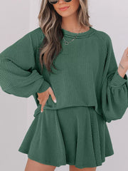 Hazel Blues® | Corded Lantern Sleeve Top and High Waist Mini Skirt Set