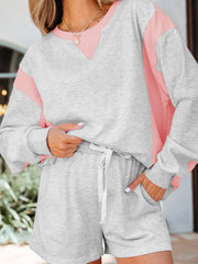 Hazel Blues® | Color Block Long Sleeve Sweatshirt and Shorts Set