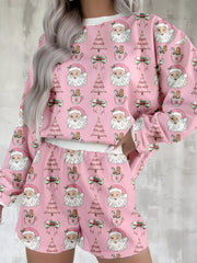 Hazel Blues® | Christmas Santa Print Round Neck Top and Shorts Lounge Set