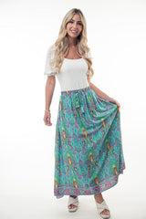 Hazel Blues® | Printed Elastic Waist Band Long Skirt with Tassels in Mint Combo