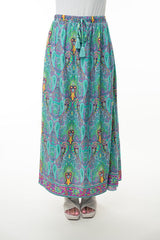 Hazel Blues® | Printed Elastic Waist Band Long Skirt with Tassels in Mint Combo