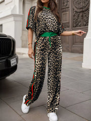 Hazel Blues® | Leopard Round Neck Top and Pants Two-Piece Set