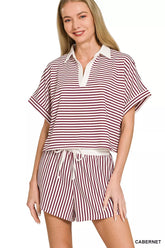 Hazel Blues® | Zenana Striped Collared Top & Shorts Set