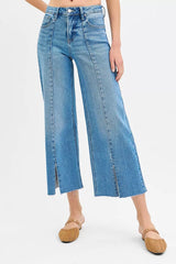 Hazel Blues® | RISEN Tummy Control Mid Rise Crop Wide Front Slit Jeans