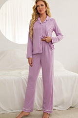 Hazel Blues® | Contrast Piping Button Down Top and Pants Loungewear Set