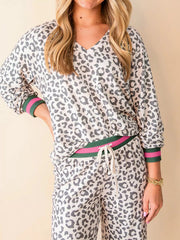 Hazel Blues® | V Neck Leopard Long Sleeve Top Striped Webbing Patchwork Drawstring Pant Set