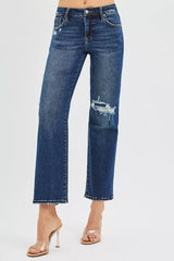 Hazel Blues® | RISEN High Rise Crop Slim Straight Jenas with Hidden Knee Patch
