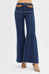 Hazel Blues® | RISEN High Rise Wide Flare Jeans with Front Leather Pocket Detail