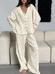 Hazel Blues® | Floral Print Button-Down Top and Pants Lounge Set