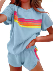 Hazel Blues® | Rainbow Striped Round Neck Top and Shorts Set
