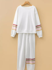 Hazel Blues® | Striped Trim Round Neck Top and Pants Set