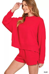 Hazel Blues® | Zenana Fleece Round Neck Sweatshirt and Shorts Set