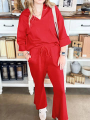 Hazel Blues® | Polo Collar V Neck 3/4 Sleeve Pullover Drawstring Bell Bottom Pants 2pcs Set