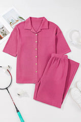 Hazel Blues® | Solid Color Textured Buttoned Shirt and Casual Pants Set