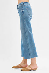 Hazel Blues® | RISEN Tummy Control Mid Rise Crop Wide Front Slit Jeans