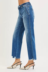 Hazel Blues® | RISEN High Rise Ankle Straight Distressed Hem Detail Jeans