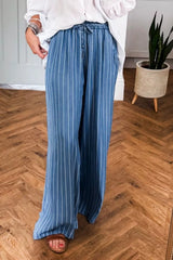 Hazel Blues® | Stripe Chambray Wide Leg Tied Elastic Waist Jeans