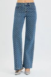 Hazel Blues® | RISEN High Rise Wide Leg Bow Embroidered Jeans