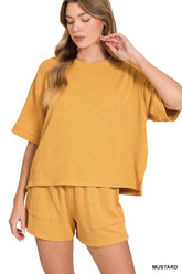 Hazel Blues® | Zenana Raised Rib Short Sleeve Tee and Drawstring Shorts Set