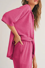 Hazel Blues® | Solid Color Textured Buttoned Shirt and Casual Pants Set