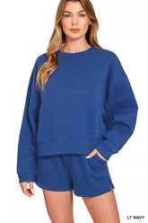 Hazel Blues® | Zenana Fleece Round Neck Sweatshirt and Shorts Set