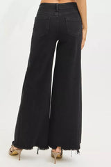Hazel Blues® | RISEN Tummy Control High Rise Palazzo Leg Frayed Hem Jeans