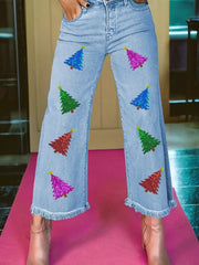 Hazel Blues® | Colorful Sequin Christmas Tree Patched Raw Hem Cropped Wide Leg Jeans