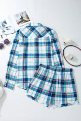 Hazel Blues® | Plaid Snap Down Long Sleeve Top and Shorts Lounge Set
