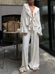 Hazel Blues® | Ruffle Trim Tie Front Top and Pants Set