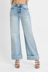 Hazel Blues® | RISEN Tummy Control High Rise Ankle Wide Cuffed Jeans