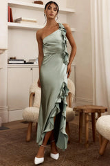 Jayda One Shoulder Ruffle Trim Maxi Dress Sage