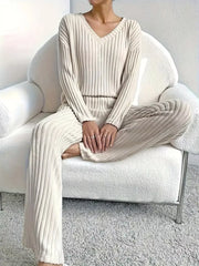 Hazel Blues® | Ribbed Knit V-Neck Top and Pants Set